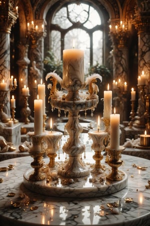 A luxury candle with marble texture and interesting, surreal organic curves, in a surreal labyrinth illuminated by golden candelabras. Inlaid labyrinths, decorative gold accents, feathers, diamonds, and iridescent bubbles.