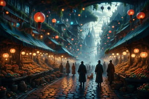 a vibrant and detailed matte painting of the market of wonders, with stalls full of magical objects, exotic creatures, and enchanted lights, surreal architecture inspired by Hayao Miyazaki and Jean Giraud (Moebius), masterpiece!!!, vibrant, detailed, magical, fantastic, immersive atmosphere, exquisite details, magical commerce, fantasy realism, enchanting lighting