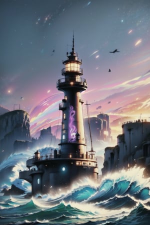 Imagine an image of a steampunk lighthouse on a cliff, with rotating lights and visible gears. A keeper in an old uniform is lighting the main beacon, while sea waves crash against the rocks. style,SteamPunkNoireAI,ste4mpunk,HZ Steampunk,Illustration,DonMD0n7P4n1c