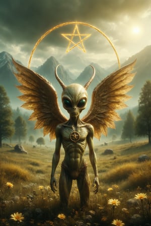 A young luxury golden color alien with wings and horns holding a golden pentacle in a green meadow, with few trees and a small mountain, with a clear yellow sky
