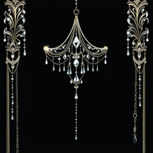 decorative corner chandelair cristal chains, art deco lines Elegance T-shirt design, BLACK BACKGROUND