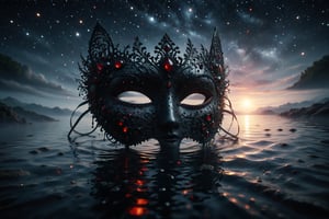 A blackened mask adorned with red and black gems, floating above calm waters reflecting a nighttime sky full of twinkling stars.