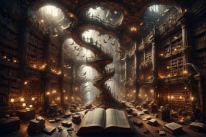 a stunning and detailed matte painting of the library of dreams, with infinite bookshelves filled with floating books, fantastic creatures reading and a magical and luminous atmosphere, surreal architecture inspired by Escher and Borges, masterpiece!!!, magical, detailed, dreamlike, fantastic, immersive atmosphere, intricate details, infinite wisdom, fantasy realism, soft lighting