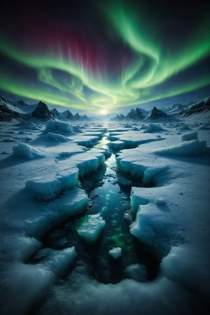 A crack in the ice revealing a bright and magical underground world, reflecting the lights of the aurora borealis.