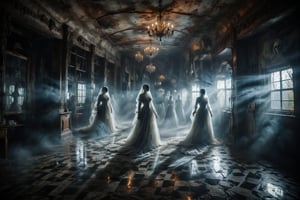 An ethereal ghost in Victorian attire, floating through the corridors of a mirror maze where its image is reflected repeatedly in distorted forms.