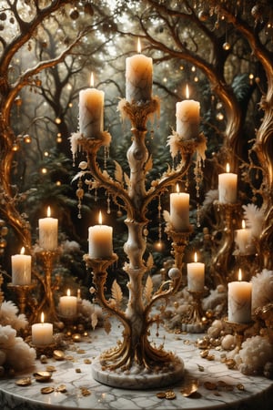 A candle with marble texture and interesting, surreal organic curves, in a surreal enchanted forest illuminated by golden candelabras resembling enchanted trees. Inlaid magical trees, decorative gold accents, feathers, diamonds, and iridescent bubbles.