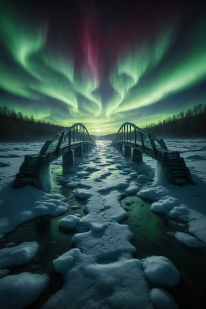 A bridge made of pure ice, crossing a frozen river, illuminated by the aurora borealis in the sky.