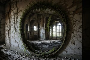 An oval mirror surrounded by twisted vines, reflecting a pale, unknown face in an abandoned hall.