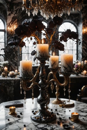 A candle with marble texture and interesting, surreal organic curves, in a surreal salon illuminated by candelabras with black orchids. Inlaid black orchids, decorative gold accents, feathers, diamonds, and iridescent bubbles.