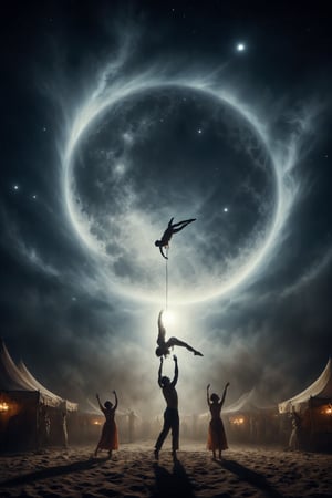 Under a night sky illuminated by a giant moon, acrobats suspended in the air perform luminous somersaults. Their costumes are adorned with stars that shine brightly, while their fluid movements seem to synchronize with the rhythm of the universe. With each leap, the moon casts dancing shadows over the circus tent, creating a celestial spectacle that captivates the senses.