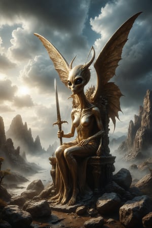 
A golden alien female with wings and horns  sitting on a throne, holding an upright long sword, in a rocky natural environment, with clouds, and looking forward with clear perception, symbolizing intellect, independence and keen insight