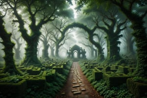 A hedge maze shrouded in emerald green mist, where whispering voices of ancient spirits guide intrepid travelers toward hidden paths.