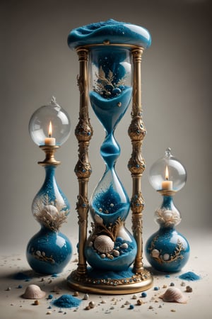 An hourglass with interesting, surreal organic curves, filled with blue sand flowing like ocean waves, with candelabras resembling seashells. Inlaid marine elements, decorative gold accents, feathers, diamonds, and iridescent bubbles.