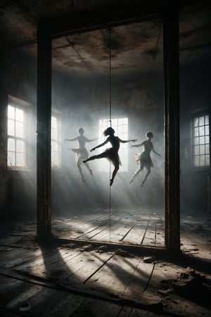 In a forgotten corner of the circus, an ancient mirror reflects distorted images of tightrope walkers in impossible poses. Their bodies seem to merge with the glass, creating an ethereal dance of reflections and shadows. Upon closer inspection, the outlines of the artists blur, revealing a parallel world where reality and illusion intertwine.