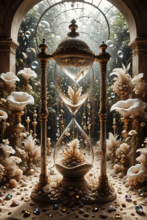 An hourglass with interesting, surreal organic curves, in a crystal garden where sand flows among glass flowers, with candelabras resembling shimmering stems. Inlaid crystal gardens, decorative gold accents, feathers, diamonds, and iridescent bubbles.