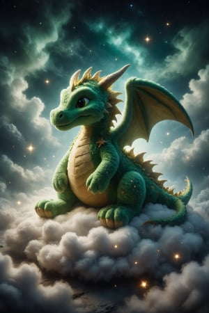 Create a magical scene where a green plush dragon with golden wings watches over a sleeping baby on a bed of clouds, under a starry sky with bright constellations and gentle moonlight.
