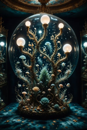 An aquarium with interesting, surreal organic curves, representing the deep sea floor with candelabras resembling luminous algae. Inlaid deep-sea creatures, decorative gold accents, feathers, diamonds, and iridescent bubbles.