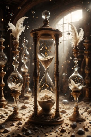 An hourglass with interesting, surreal organic curves, where sand flows like reflections in an infinite mirror, with candelabras resembling reflections of light. Inlaid cosmic mirrors, decorative gold accents, feathers, diamonds, and iridescent bubbles.