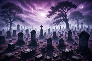 A cemetery shrouded in violet mist, with ancient tombstones that seem to move like guardians of forgotten secrets under the light of the waxing moon.