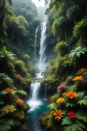 A crystal-clear waterfall cascading from the top of a tropical mountain, surrounded by giant ferns and vividly colored flowers.