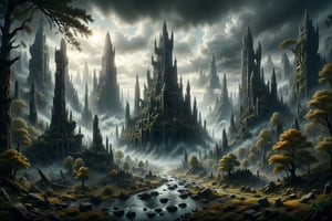 a sprawling science fiction city inspired by rivendell, painted by bierstadt and chirico hidden in a forest , in Brooding landscapes, epic scale, German myth, layered symbolic density,DonMC3l3st14l3xpl0r3rsXL