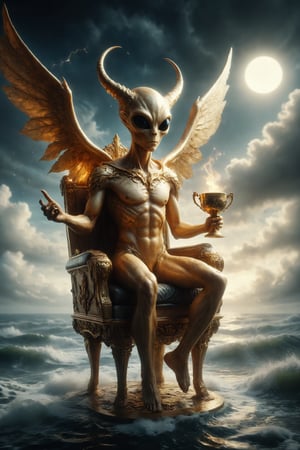 Design a scene of a male golden alien with wings and horns on a floating in a throne above the sea, holding a golden metal cup trophy and a scepter, with waves around it, symbolizing emotional balance, compassion and control.
