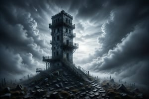 A solitary tower shrouded in silvery mist, with stairs that seem to move on their own and windows showing glimpses of future visions in the nighttime sky.