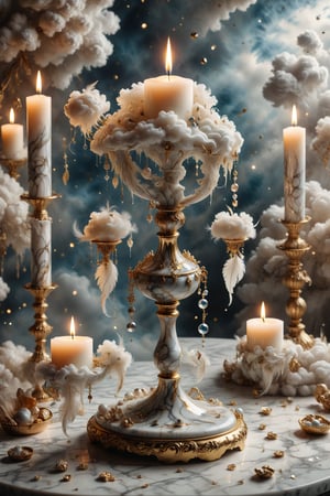 A luxury candle with marble texture and interesting, surreal organic curves, floating in a surreal sky with candelabras shaped like clouds. Inlaid clouds, decorative gold accents, feathers, diamonds, and iridescent bubbles.