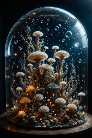 An aquarium with interesting, surreal organic curves, filled with corals shining like moonlight on the seabed, with candelabras resembling underwater constellations. Inlaid lunar corals, decorative gold accents, feathers, diamonds, and iridescent bubbles.