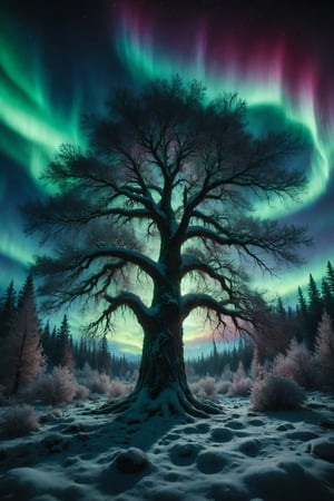 A huge tree with snow-covered branches and colorful lights shining brightly, reflecting the aurora borealis.