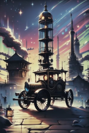 Create a scene of an ancient carriage with cogwheels and steam pipes, pulled by mechanical horses through a cobblestone street. A driver in a tall hat guides the carriage under a starry sky. The atmosphere should be nostalgic and mystical, with golden and dark tones. .DonMSt34mPXL,SP style,steampunk style,SteamPunkNoireAI,ste4mpunk,HZ Steampunk,Illustration,DonMD0n7P4n1c