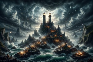 a majestic and detailed matte painting of the lighthouse of memories, situated on a rocky cliff, with ethereal lights and a turbulent ocean, surrounded by floating books and guardian spirits, surreal architecture inspired by Albert Bierstadt and Caspar David Friedrich, masterpiece!!!, illuminating, detailed, nostalgic, mystical, dreamlike atmosphere, intricate details, fantasy realism, dramatic lighting