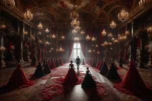 An opulent hall adorned with red and black fabrics, where elegant, pale figures dance to hypnotic music.
