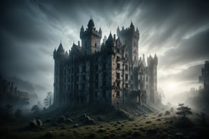 An ancient, crumbling castle shrouded in thick fog, with windows lit by ghostly light.