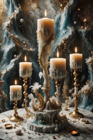 A candle with marble texture and interesting, surreal organic curves, in a surreal landscape with candelabras that resemble waterfalls. Inlaid waterfalls, decorative gold accents, feathers, diamonds, and iridescent bubbles.