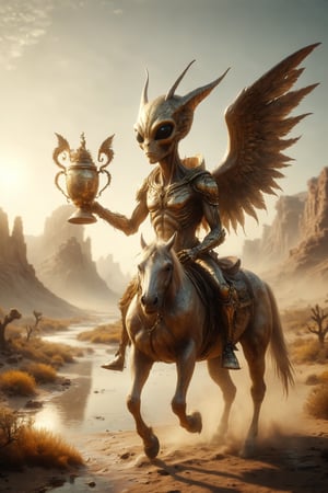 A golden alien with wings and horns riding a horse, holding a cup trophy in up, in a desert with little vegetation and a river