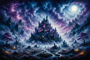 beautiful matte airbrush painting of a of a fantasy landscape with a european medieval castle made of light in the distance enveloped in trails of colorful animal ghosts floating around it, clear painting and good lighting, dark blue and intense purple color palette, mystical fog, art by gilbert williams, yoshitaka amano, high quality
