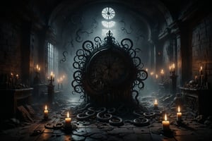 An ancient clock with hands that seem to be intertwined serpents, striking midnight in a hall illuminated by black candles and pale dancing shadows.