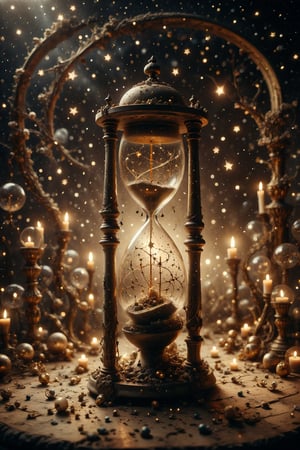 An hourglass with interesting, surreal organic curves, filled with sparkling stardust flowing between the bulbs, with inlaid stars and constellations on golden candelabras.
