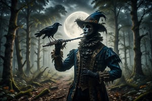 A minstrel with a crow mask and harlequin costume, playing a flute whose notes evoke images of dancing shadows under the full moon in a clearing of the enchanted forest.