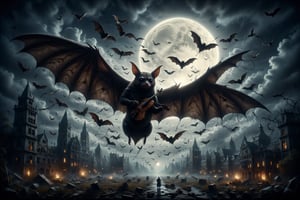 A nocturnal symphony where giant bats play violins made of wings and spider threads, under the light of the full moon shining like a giant watchful eye.