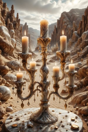 A candle with marble texture and interesting, surreal organic curves, in a surreal desert with candelabras that resemble mirages. Inlaid mirages, decorative gold accents, feathers, diamonds, and iridescent bubbles.