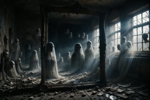 An ancient mirror surrounded by dark veils and reflecting multiple ghostly faces that seem to speak in unintelligible whispers in an abandoned room.
