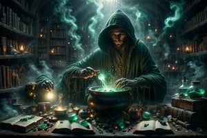 A hooded alchemist with hands glowing with greenish light, mixing mysterious ingredients in a steaming cauldron surrounded by ancient books and luminous crystals.