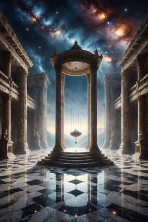 A floating scale in a marble palace suspended in the sky, with a horizon of galaxies and stars illuminating the balanced scale with shimmering jewels.