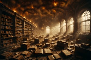 An abandoned library covered in golden mist, with shelves filled with ancient books whose pages seem to change content with every gust of nighttime wind.