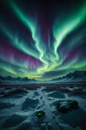 A night sky illuminated by an aurora borealis with intense green, blue, and violet colors dancing over a snowy landscape.