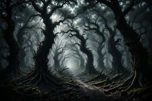 A dark forest with twisted trees and shadows that seem to move on their own, creating an atmosphere of mystery and danger.