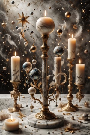 A candle with marble texture and interesting, surreal organic curves, floating in a surreal universe with candelabras that resemble stars and planets. Inlaid universal elements, decorative gold accents, feathers, diamonds, and iridescent bubbles.