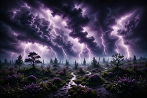 A night sky filled with black clouds and violet lightning, over a landscape where plants come to life and twist under the magical rain.